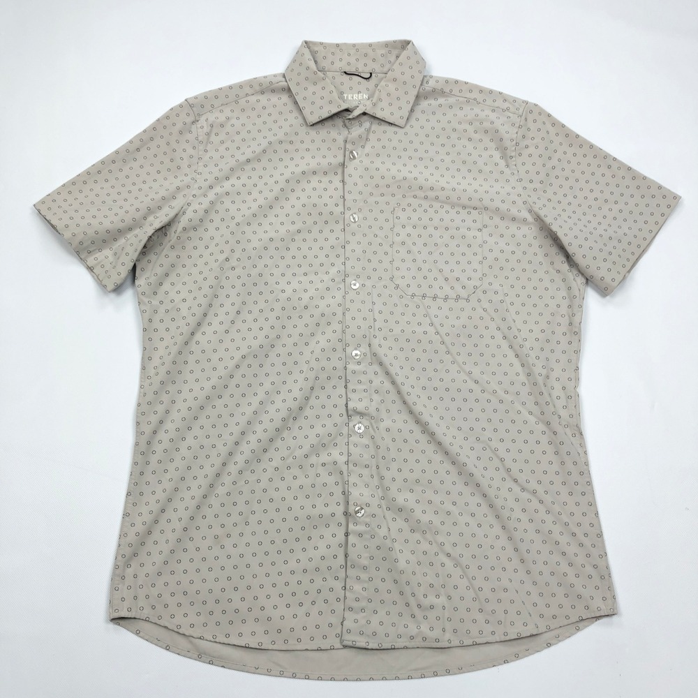 Teren Designs Daily Driver Shirt Mens XL Tan Geometric Bamboo Blend Short Sleeve